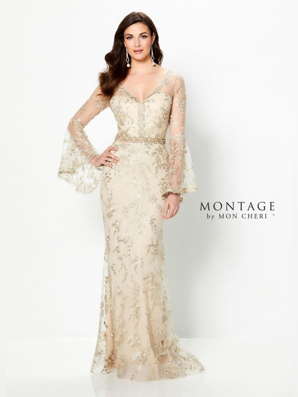 NWT Montage Evenings by Mon Cheri 219986 Champagne Beaded Formal Gown sz 16